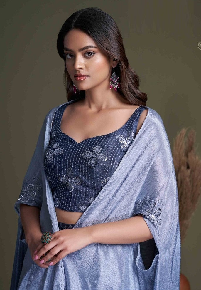 Blue Embroidered Top With Palazzo & Shrug