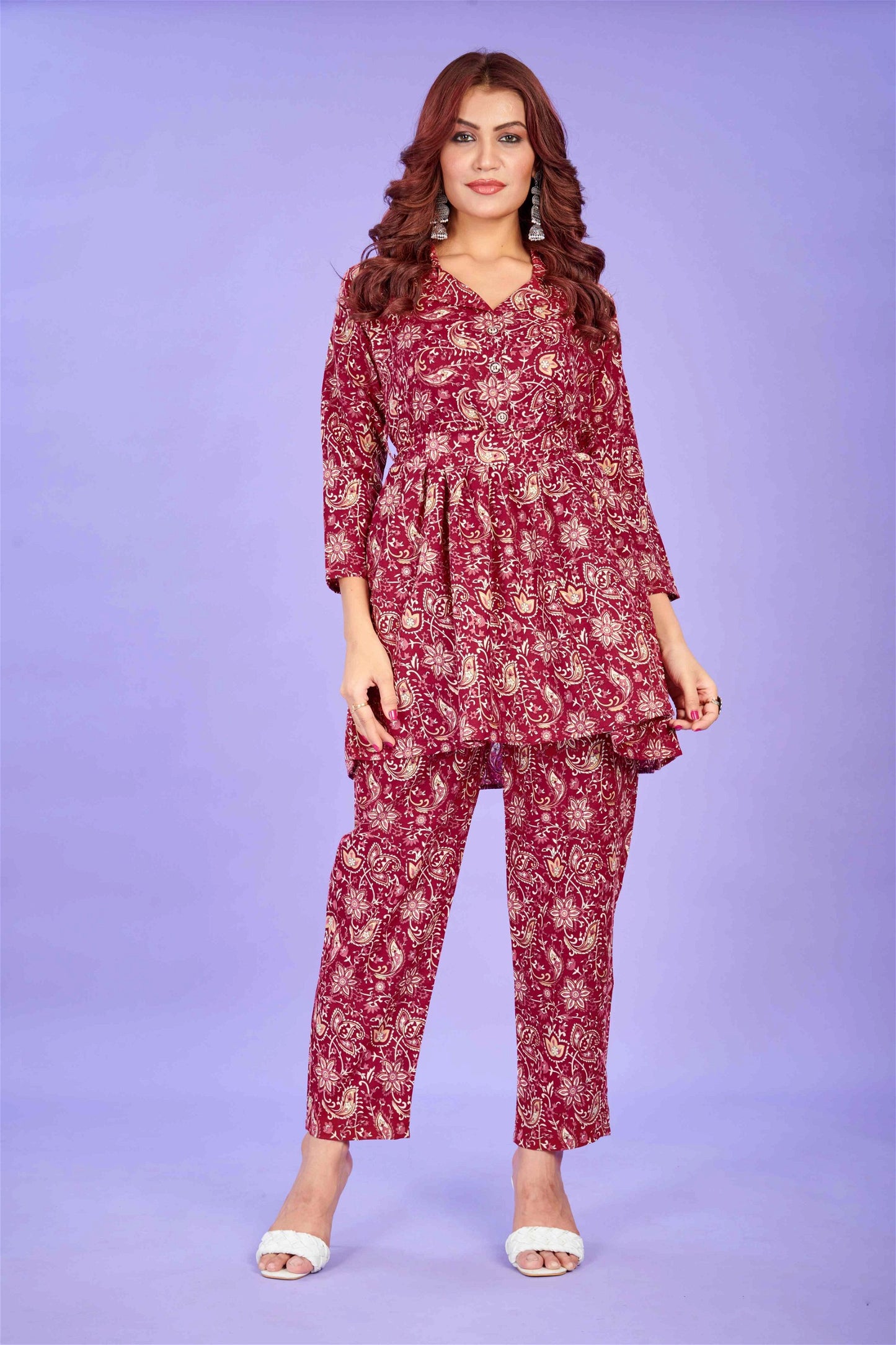 Floral Printed Maroon Top With Trousers