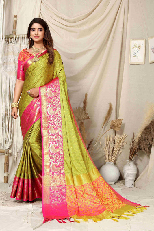 Banarasi Lemon Pink silk Saree with  Rich Pallu