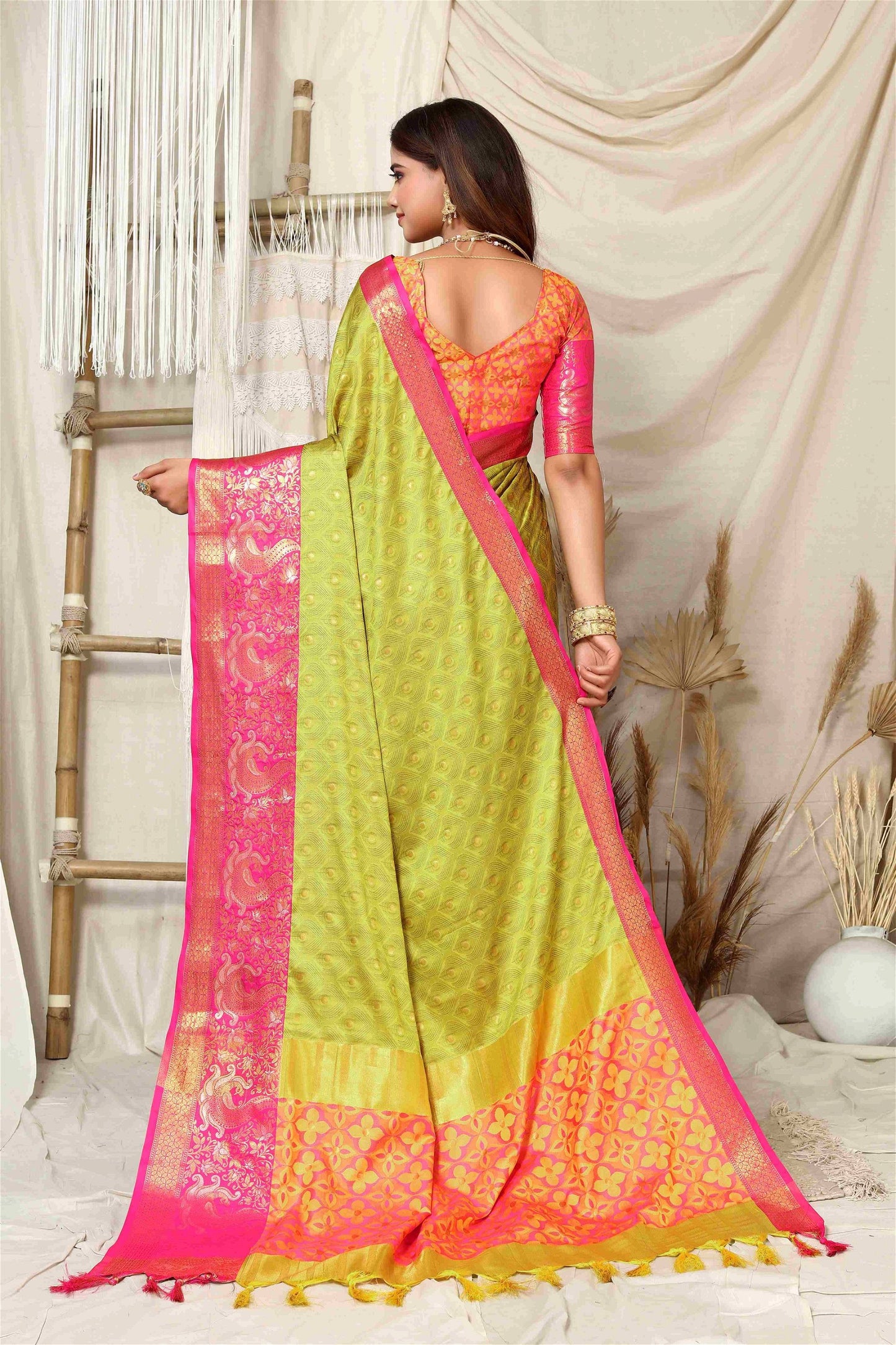 Banarasi Lemon Pink silk Saree with  Rich Pallu