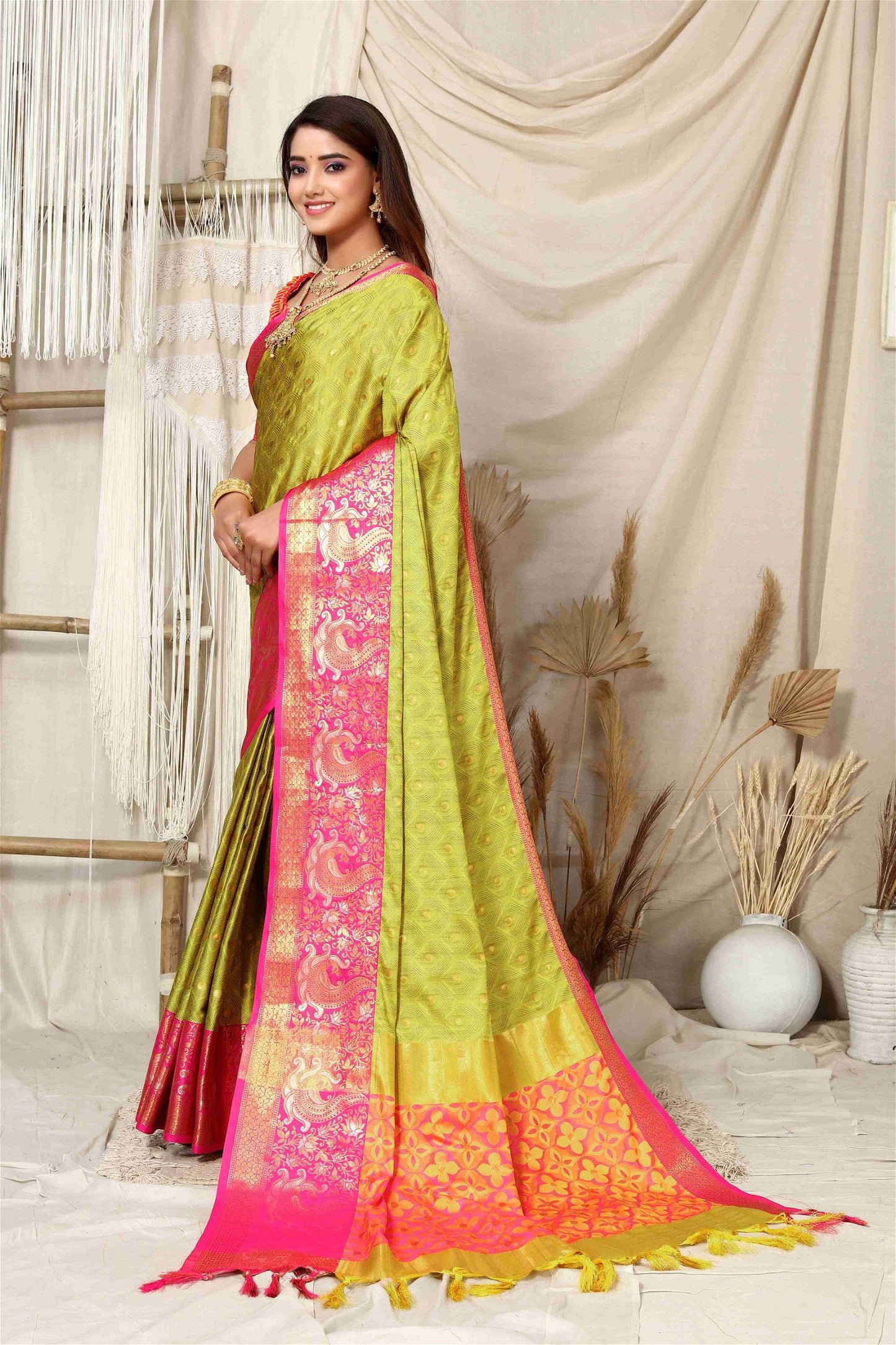 Banarasi Lemon Pink silk Saree with  Rich Pallu