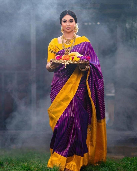 Purple And Yellow Saree With Beautiful Pallu