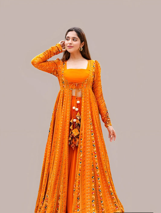 Orange Digital Printed Koti Style Gown