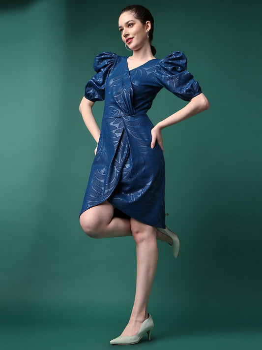 Blue V-Neck Lycra Embossed Print Dress
