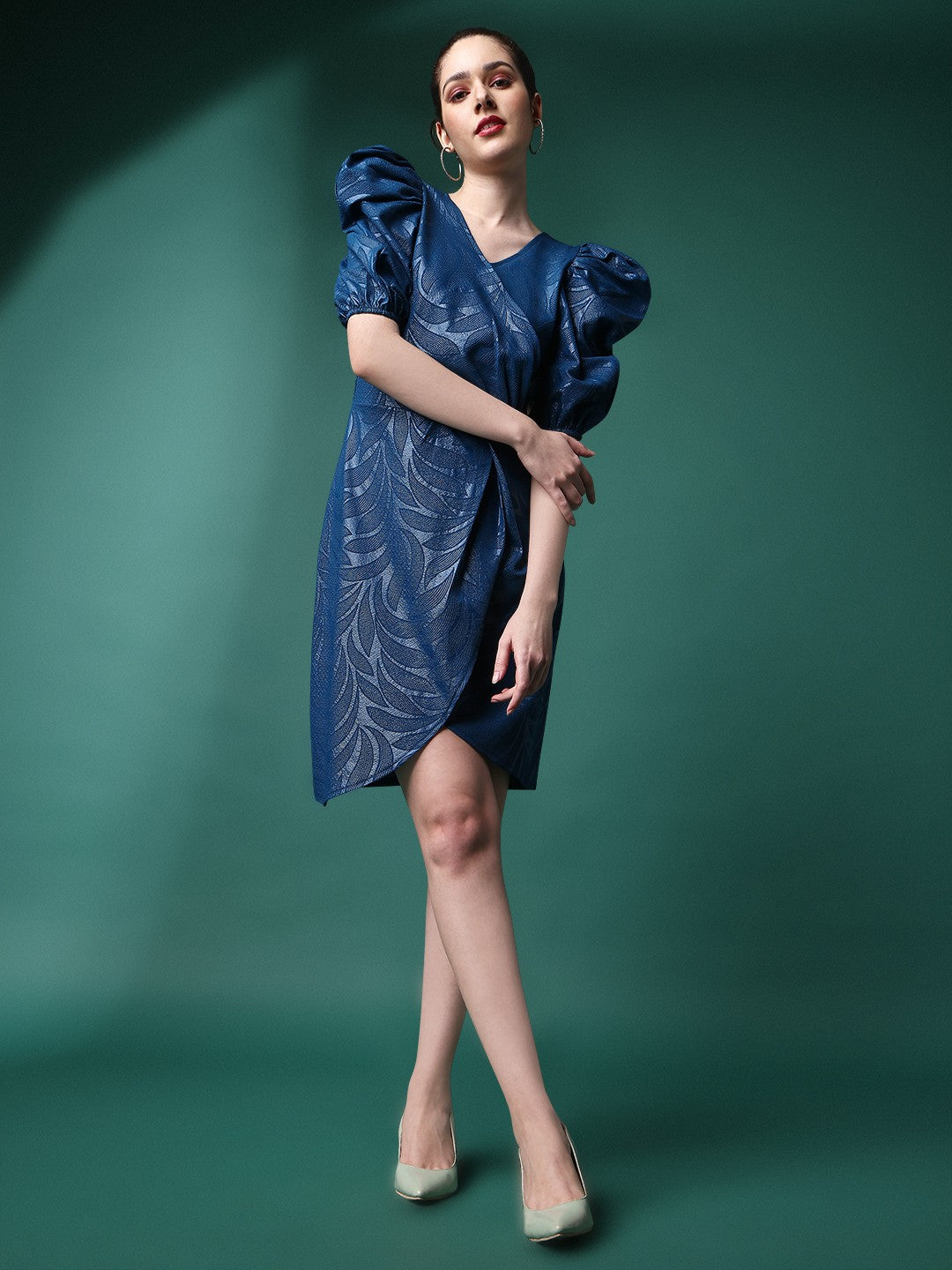 Blue V-Neck Lycra Embossed Print Dress