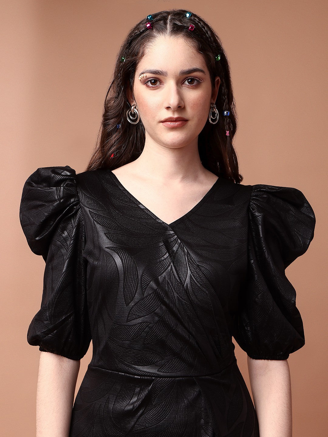 Black V-Neck Lycra Embossed Print Dress