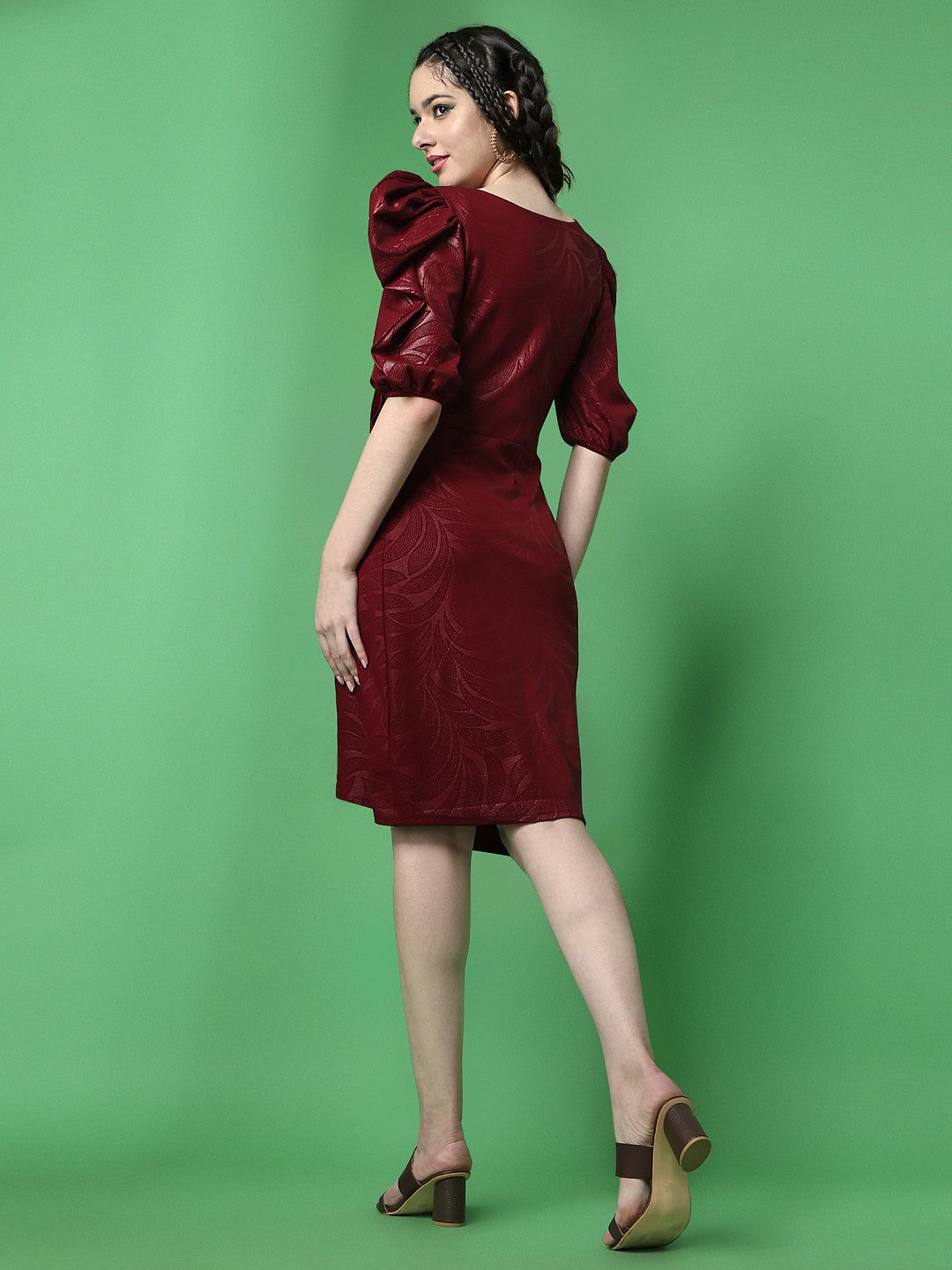 Maroon V-Neck Lycra Embossed Print Dress