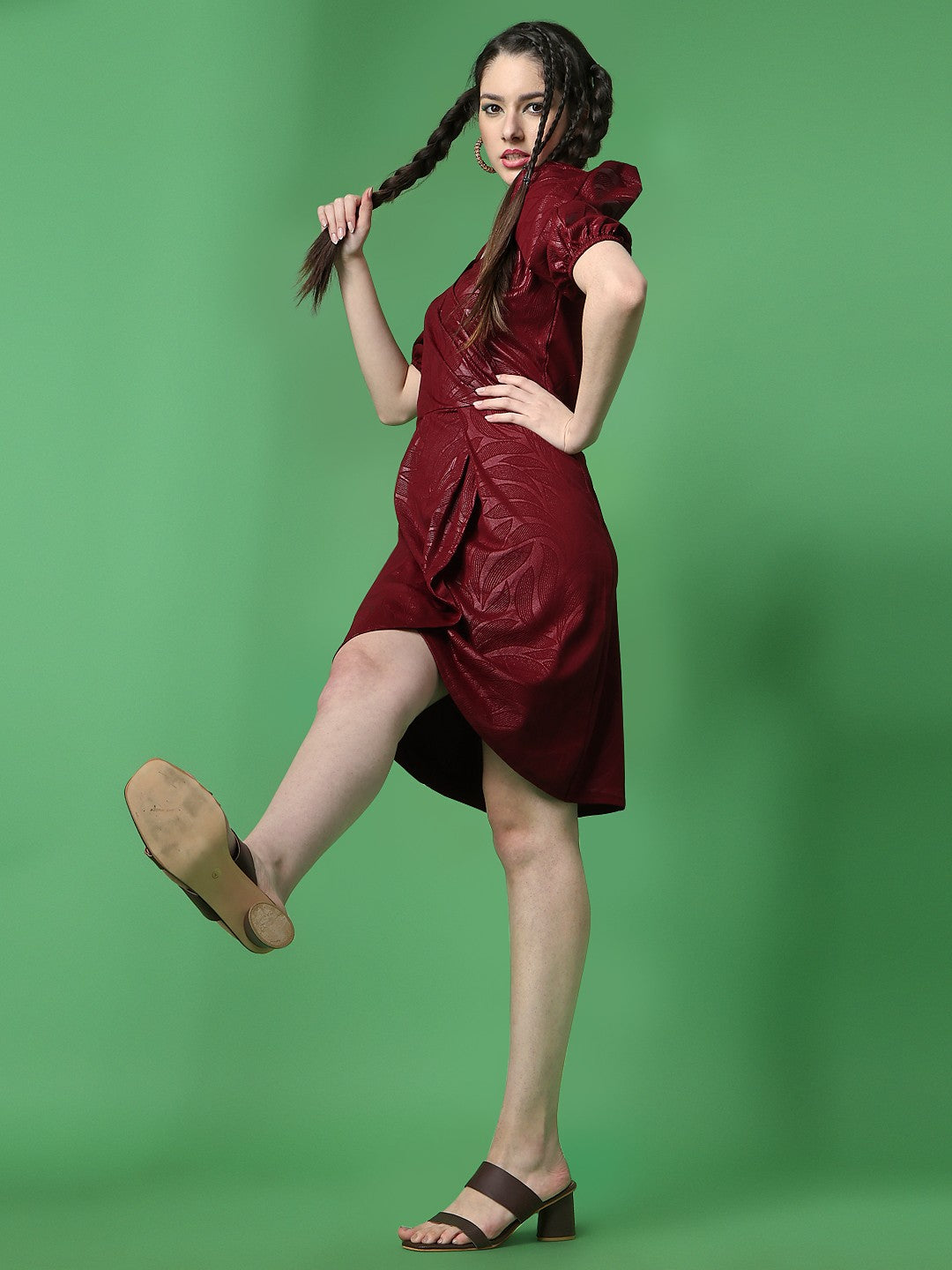 Maroon V-Neck Lycra Embossed Print Dress