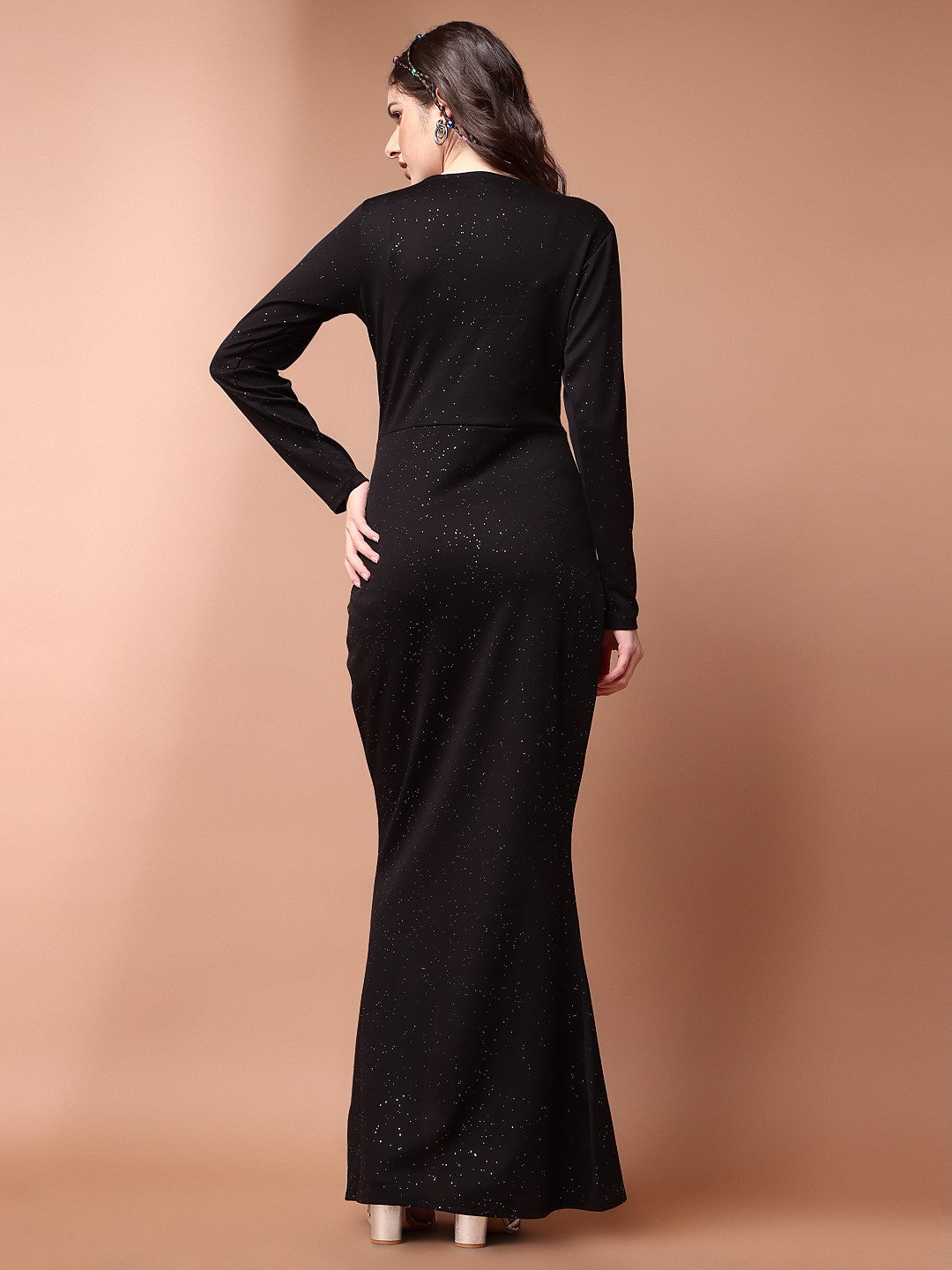 Black Lycra Sparkle Print Western Dress