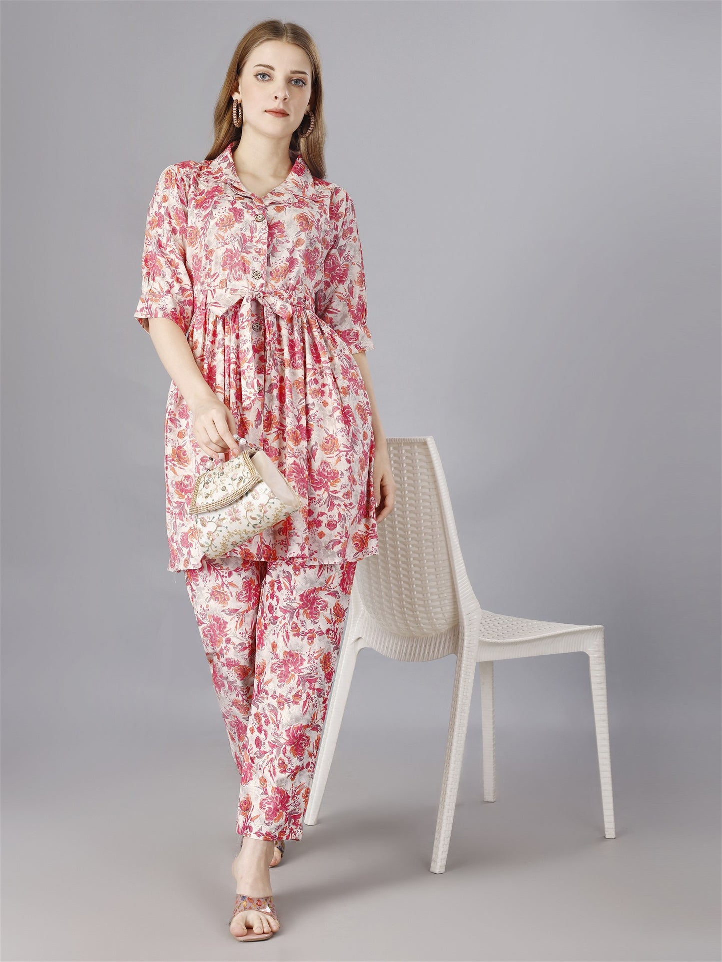 Floral Printed Pink Shirt & Trousers Set