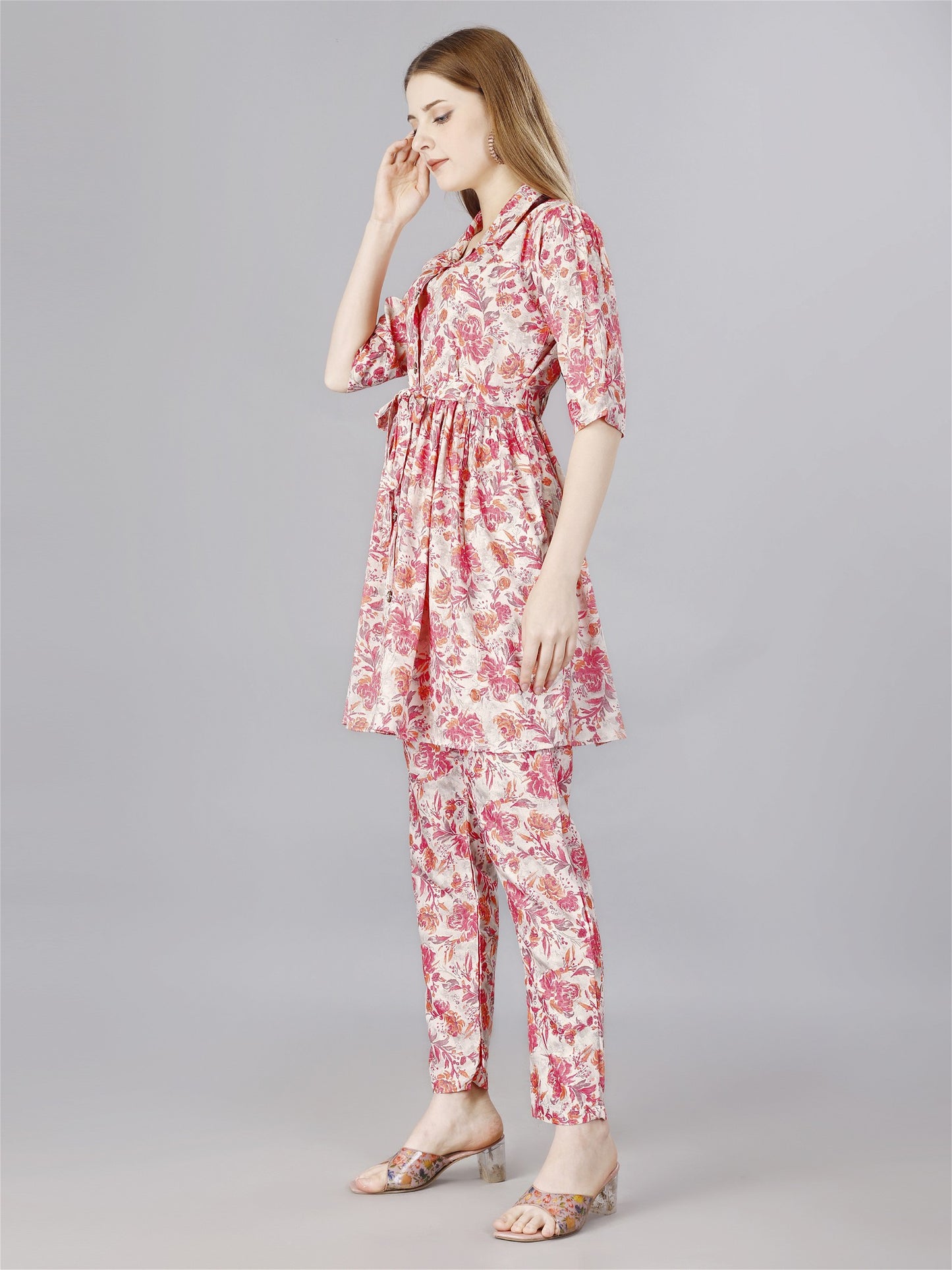 Floral Printed Pink Shirt & Trousers Set