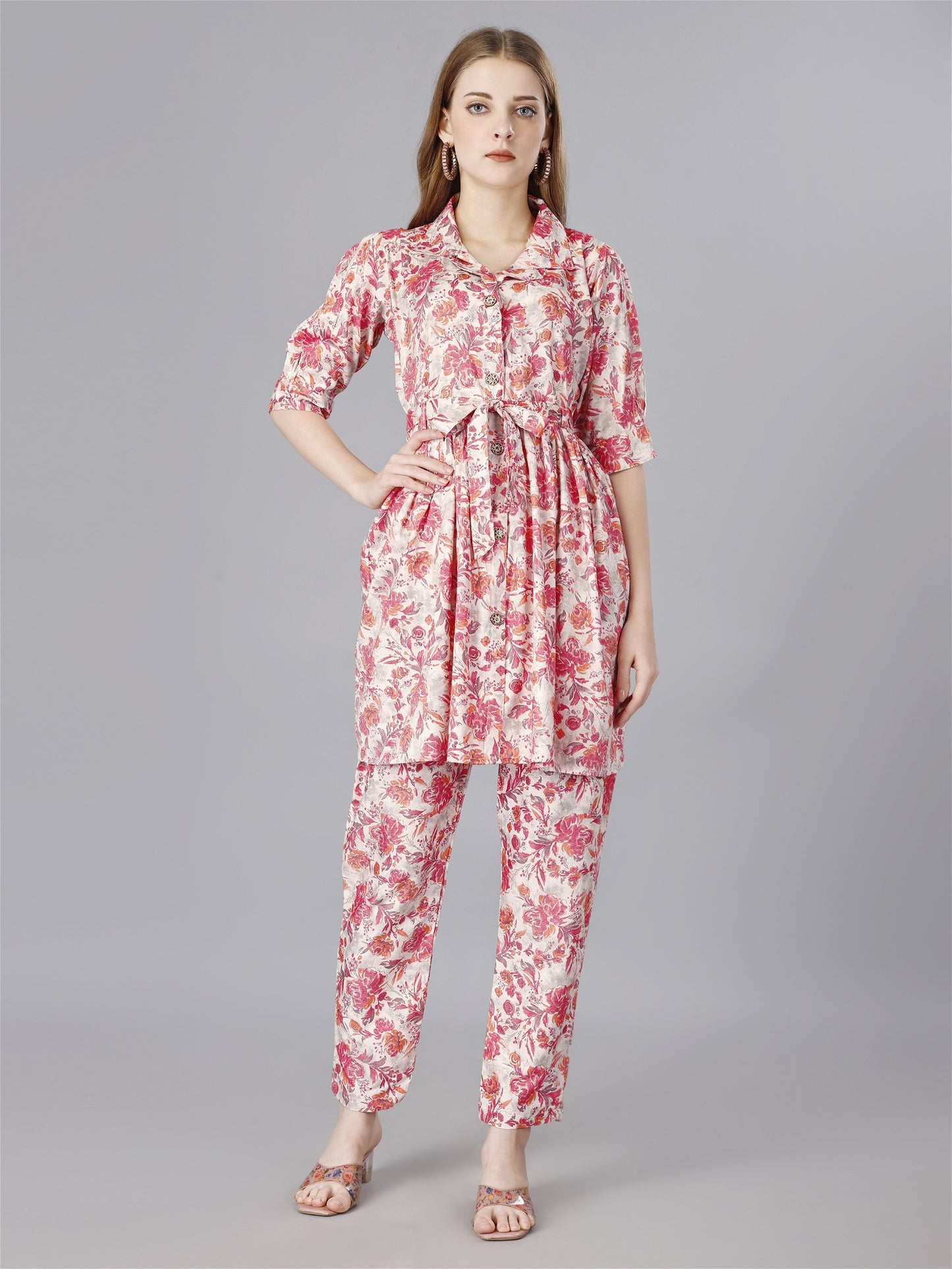 Floral Printed Pink Shirt & Trousers Set