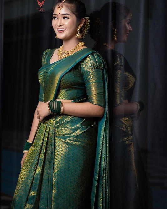 Dark Green Silk Saree With Zari Weaving