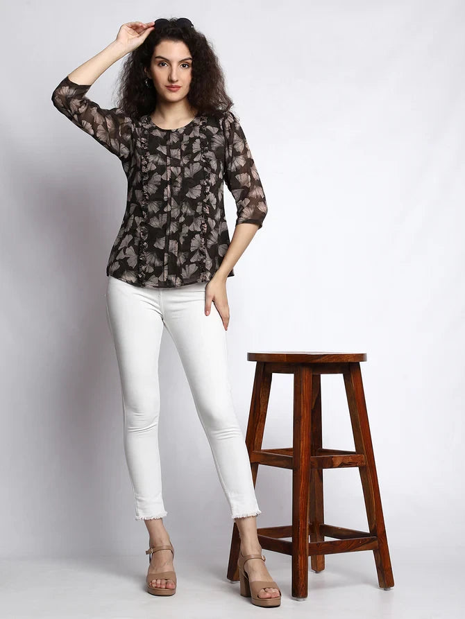 Black Georgette Round Neck Top