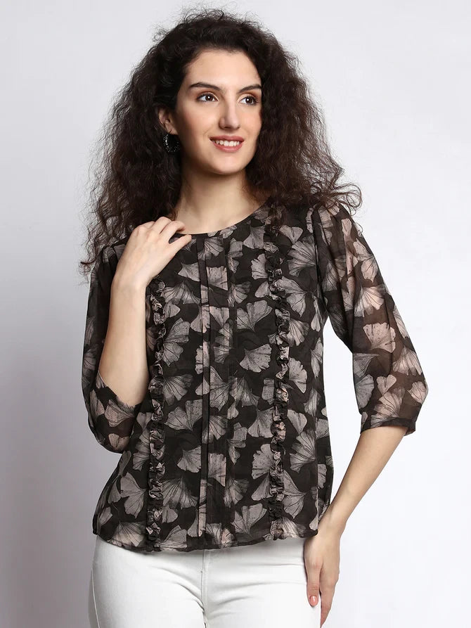 Black Georgette Round Neck Top