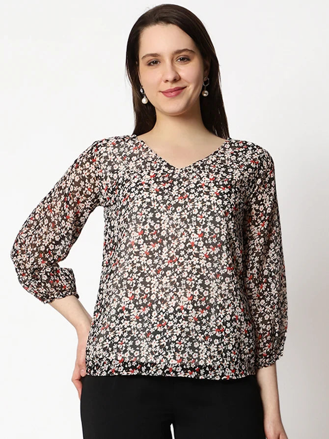 Multicolor Georgette Round Neck Top