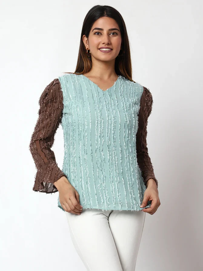 Light Blue Embellished V-Neck Top