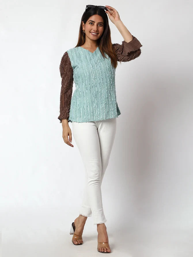 Light Blue Embellished V-Neck Top