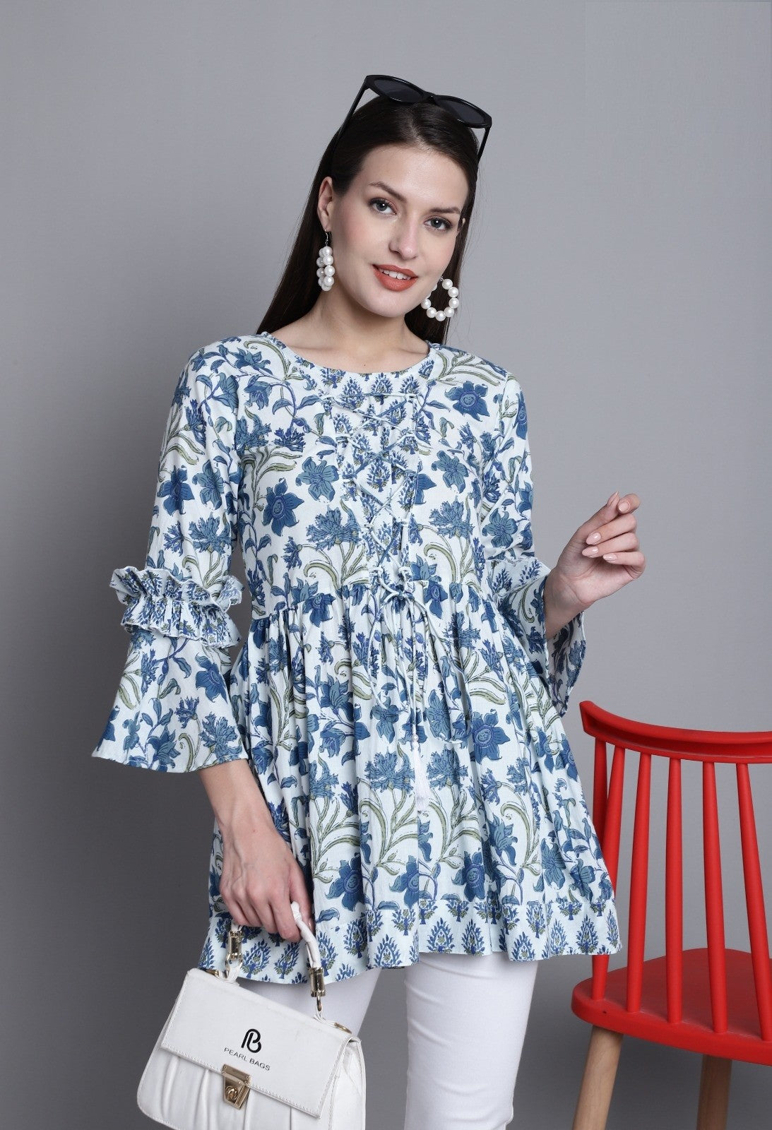 White & Blue Jaipuri Printed Short Top