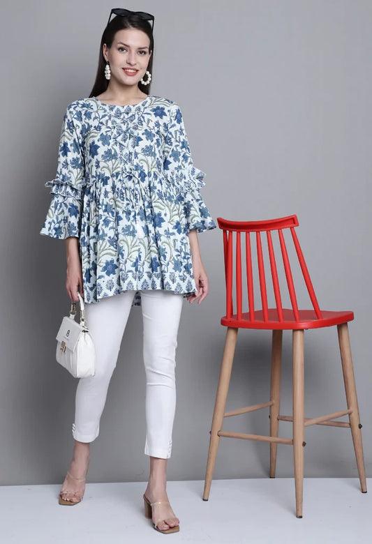 White & Blue Jaipuri Printed Short Top