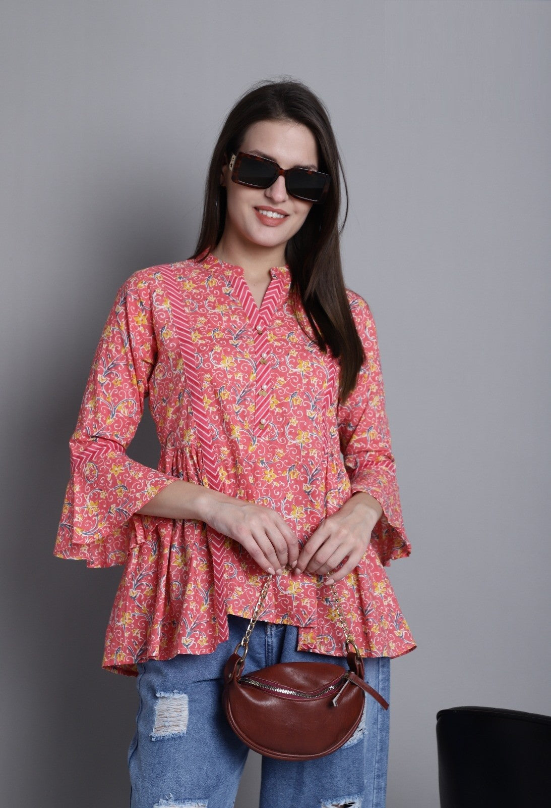 Peach Cotton Jaipuri Printed Short Top