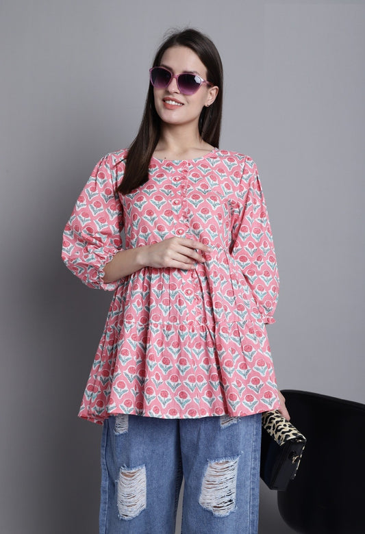 Pink Cotton Jaipuri Printed Short Top