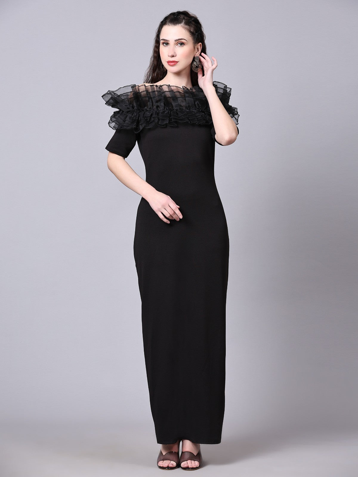 Black Off-Shoulder Ruffle Detail Dress