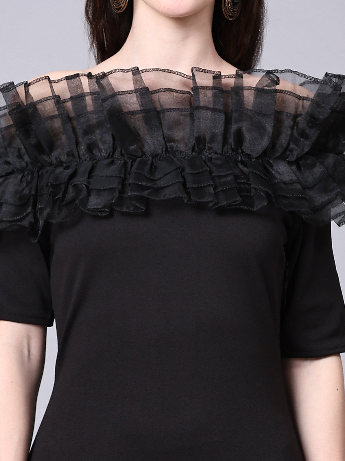 Black Off-Shoulder Ruffle Detail Dress