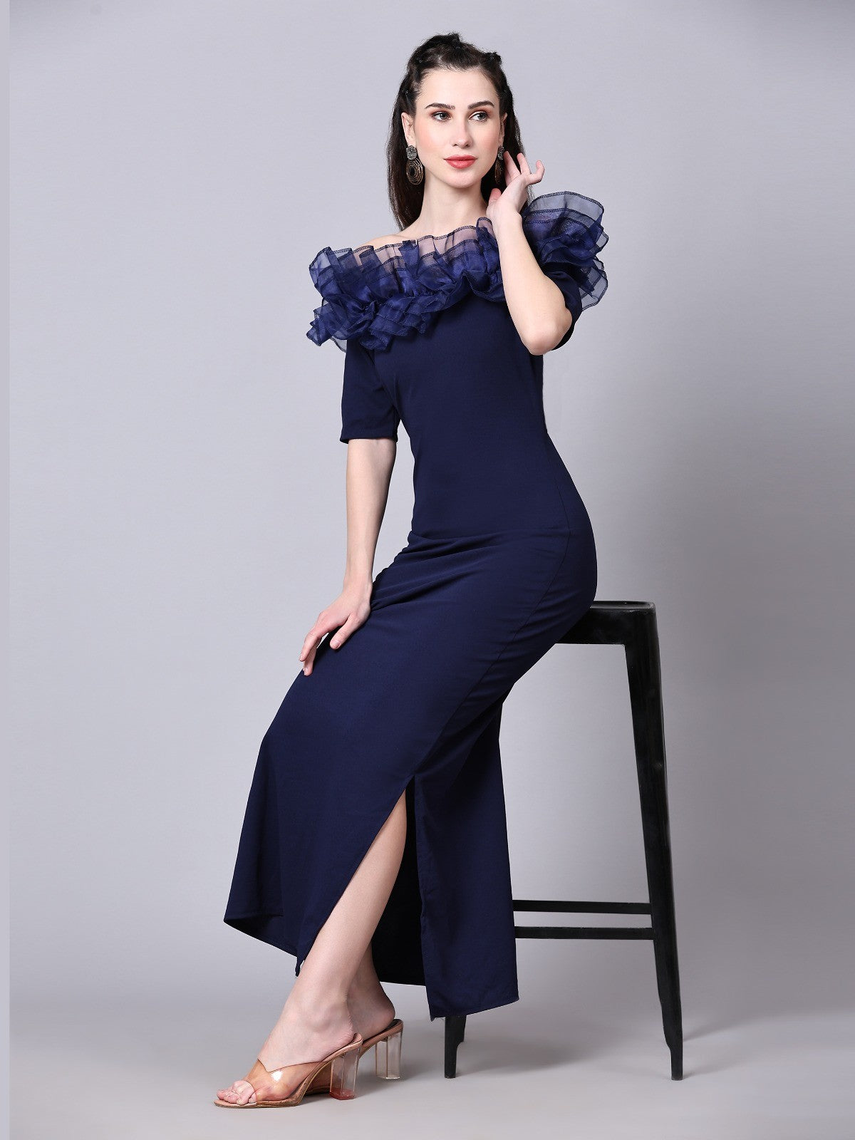 Dark Blue Off-Shoulder Ruffle Detail Dress