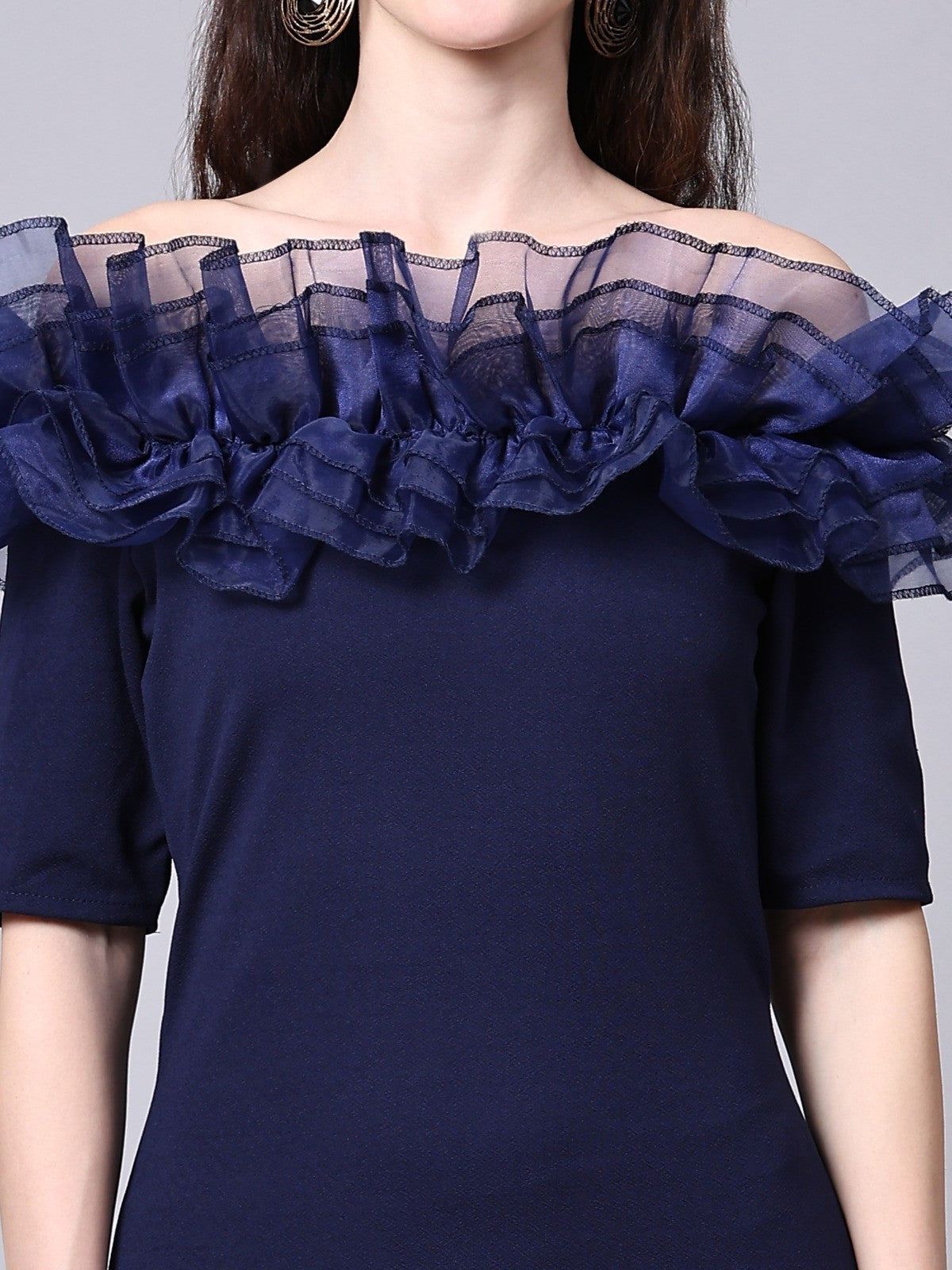 Dark Blue Off-Shoulder Ruffle Detail Dress