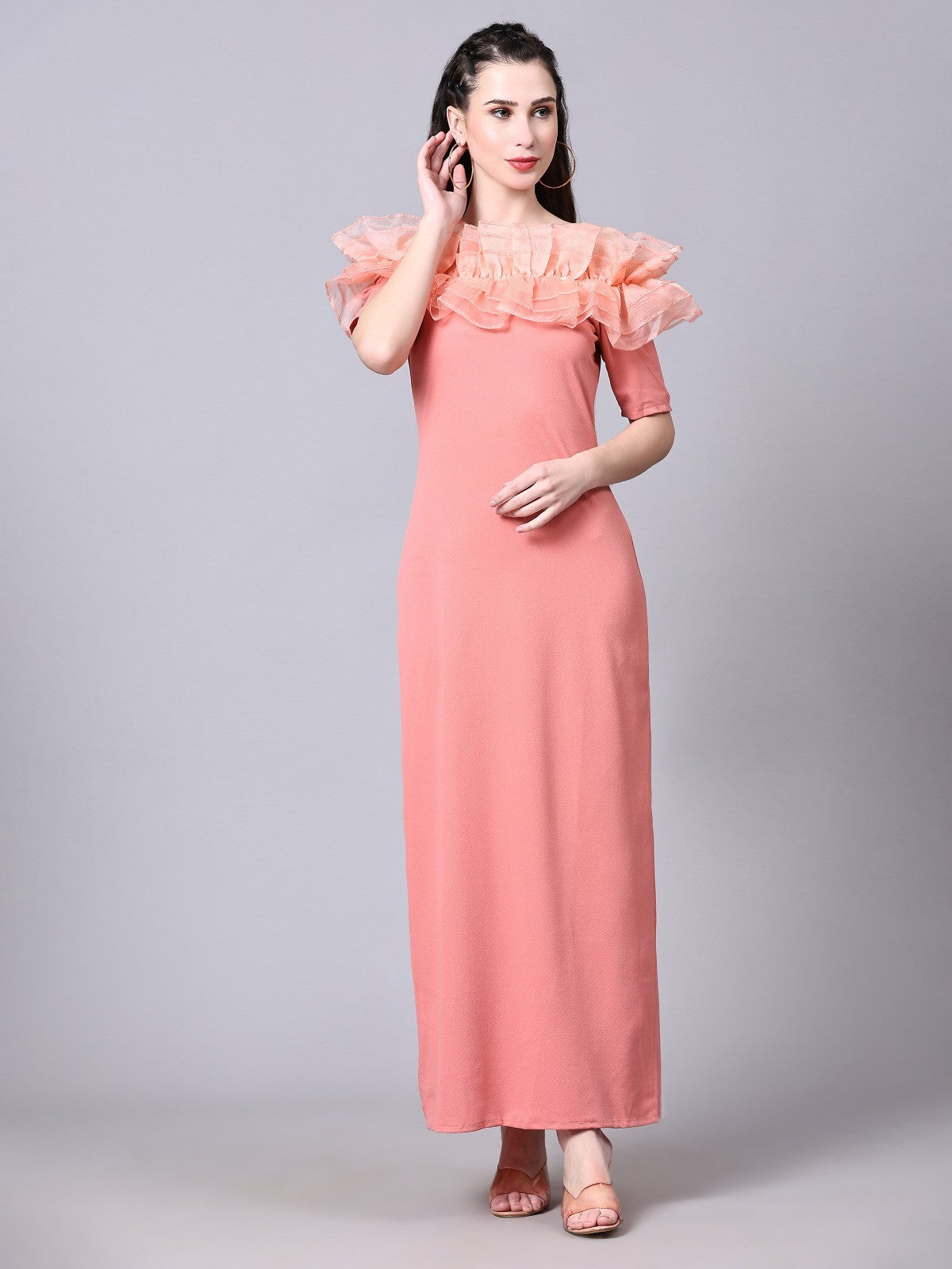 Peach Off-Shoulder Ruffle Detail Dress