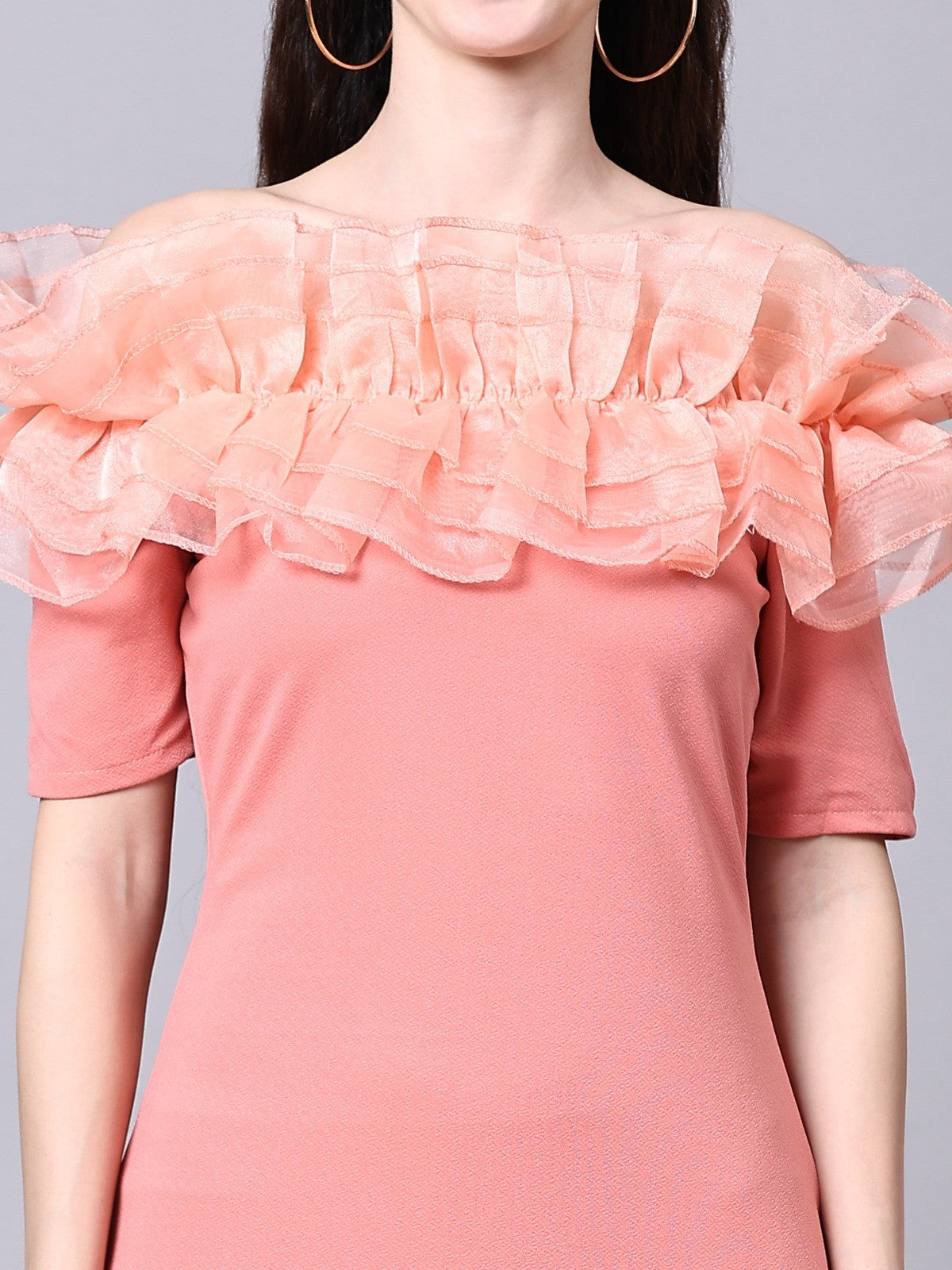 Peach Off-Shoulder Ruffle Detail Dress