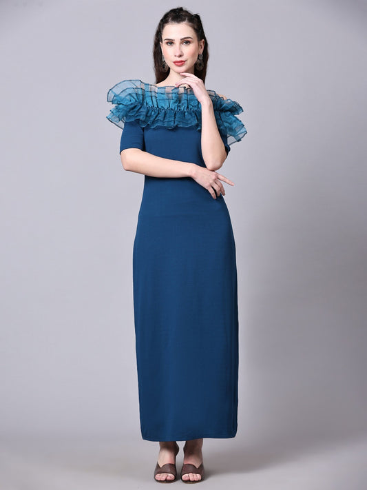 Blue Off-Shoulder Ruffle Detail Dress