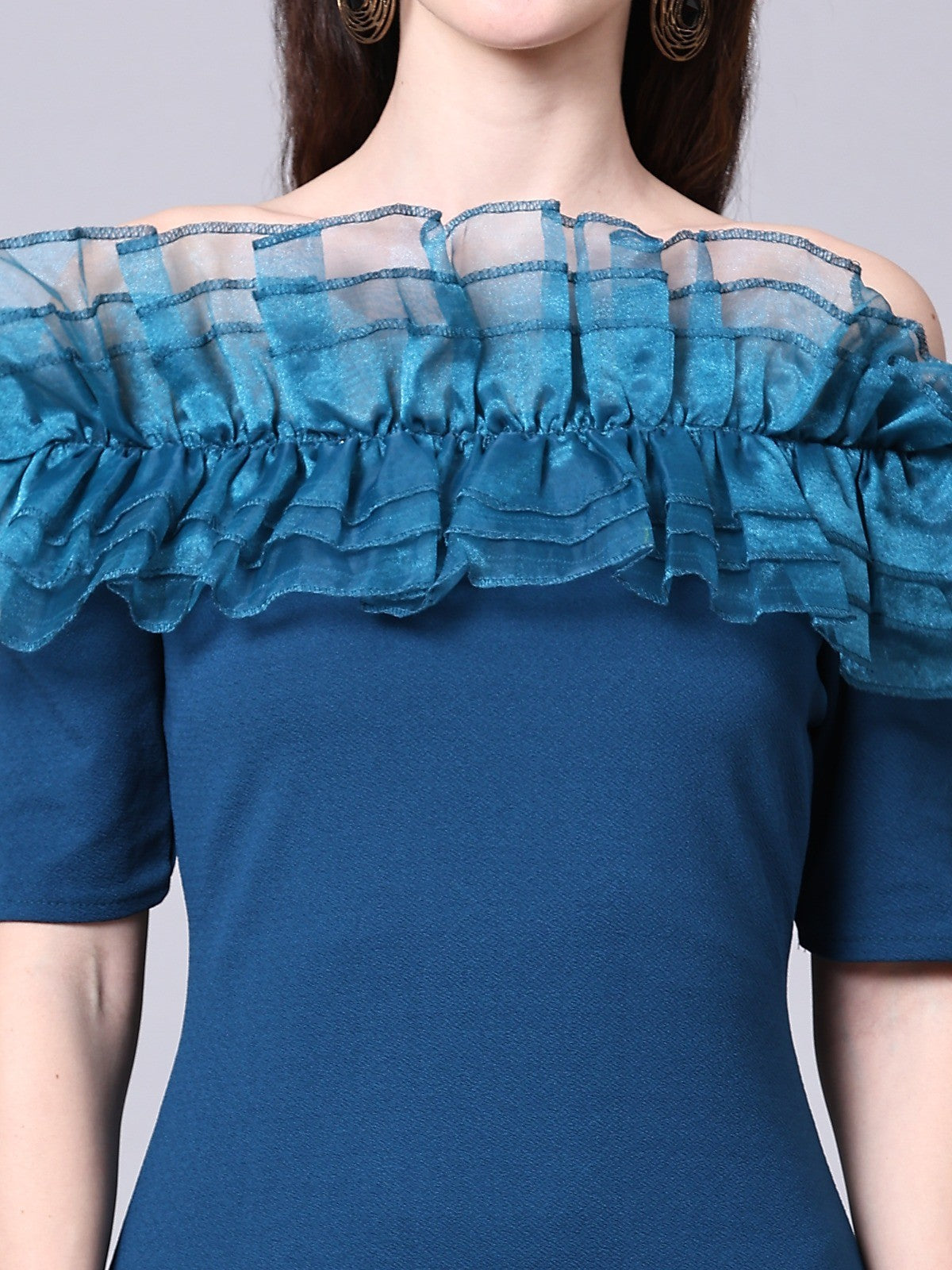 Blue Off-Shoulder Ruffle Detail Dress