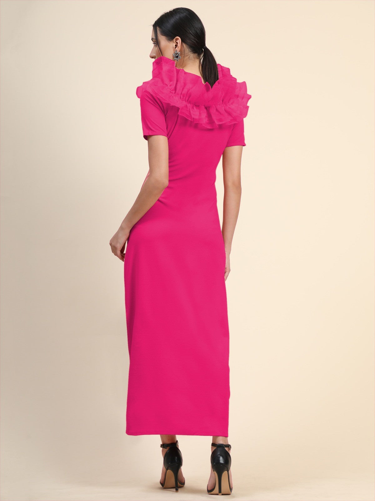 Pink Off-Shoulder Ruffle Detail Dress