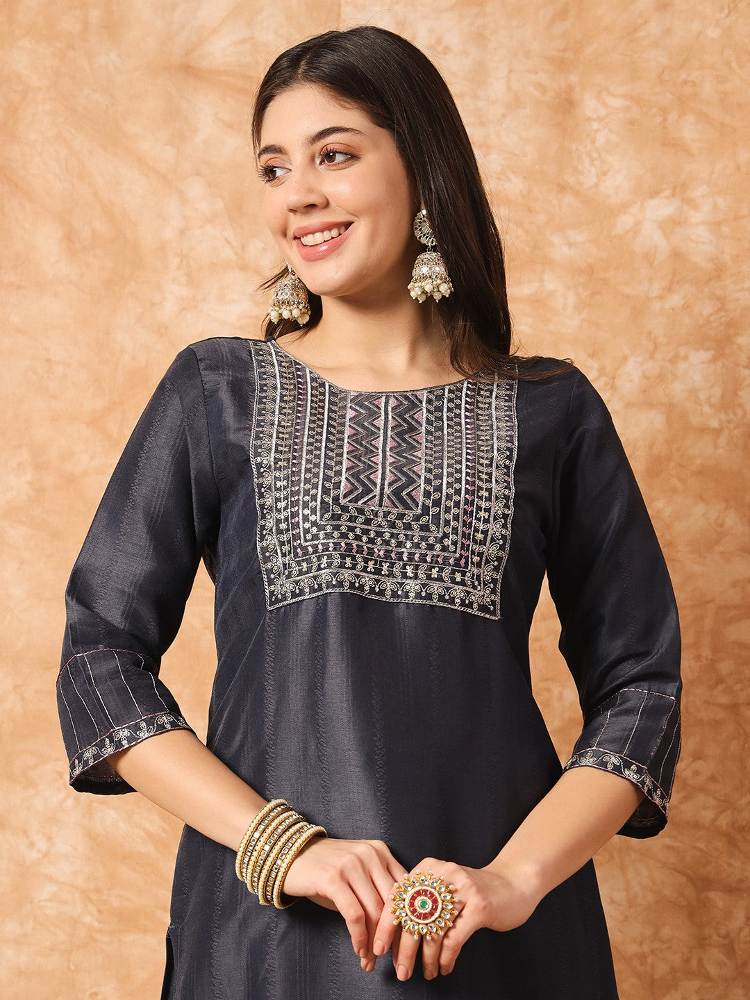 Embroidery Work Kurta with Trousers & Dupatta