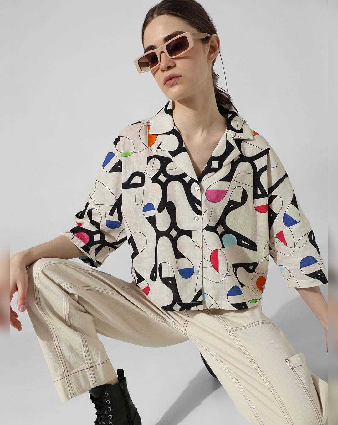 Off White Printed Trendy Pure Linen Shirt