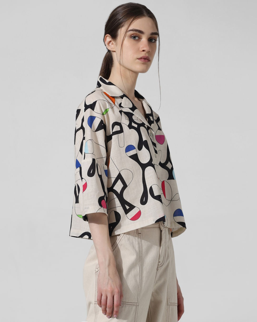 Off White Printed Trendy Pure Linen Shirt