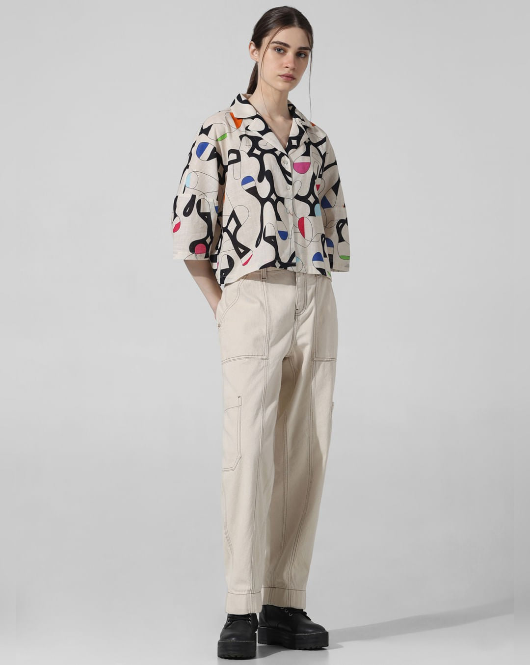 Off White Printed Trendy Pure Linen Shirt