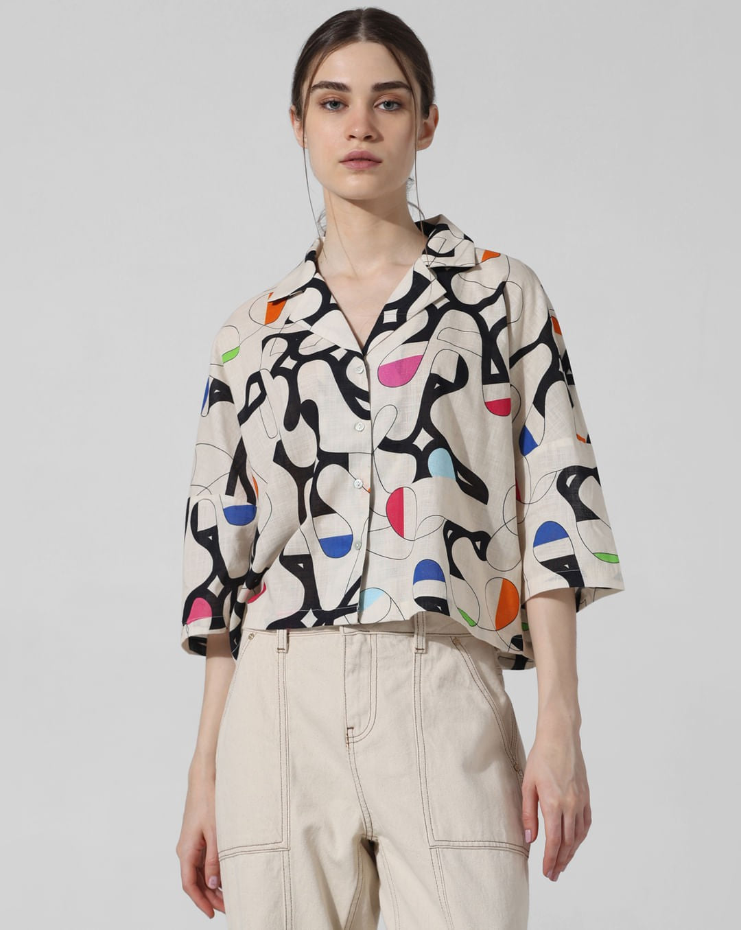 Off White Printed Trendy Pure Linen Shirt