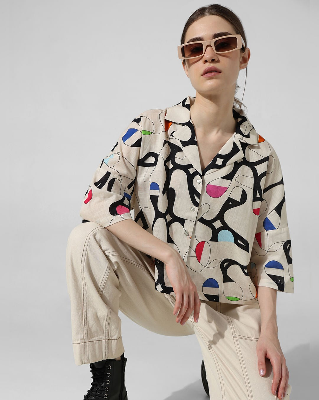 Off White Printed Trendy Pure Linen Shirt