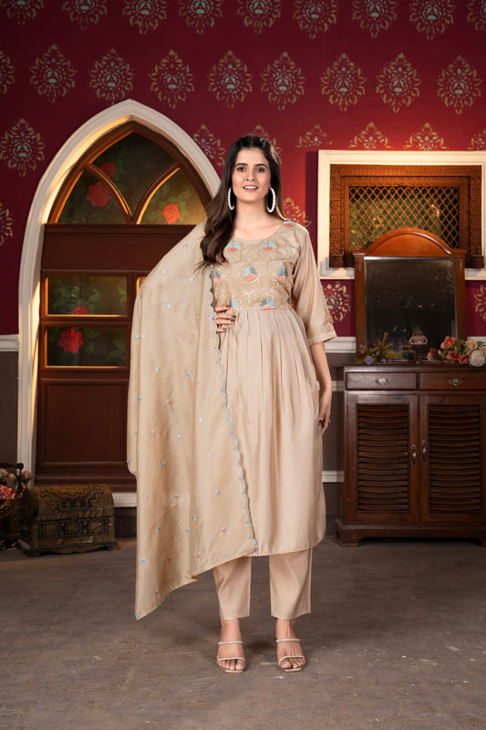 Beige color Flared Kurta With Pant and Dupatta