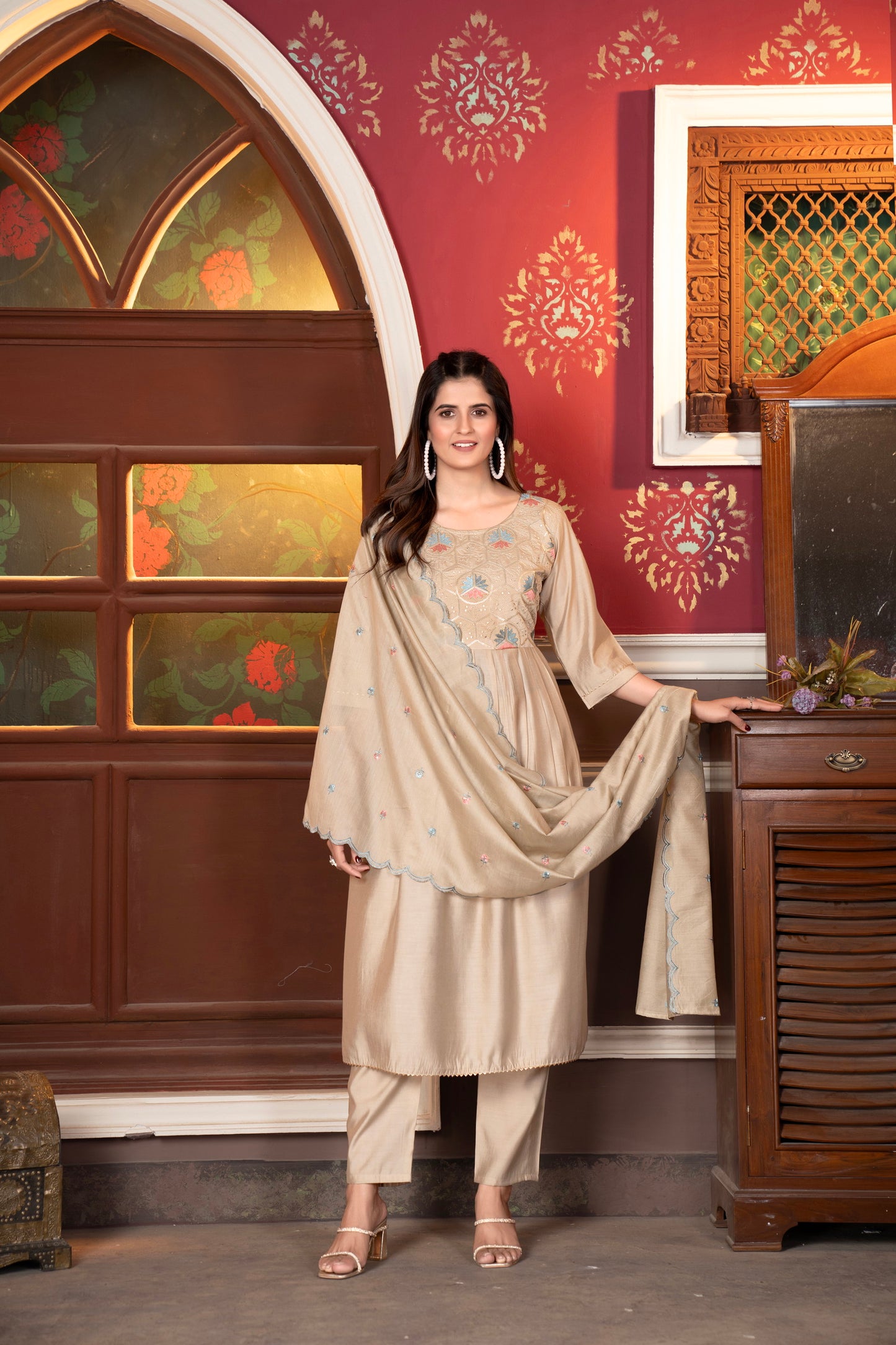 Beige color Flared Kurta With Pant and Dupatta