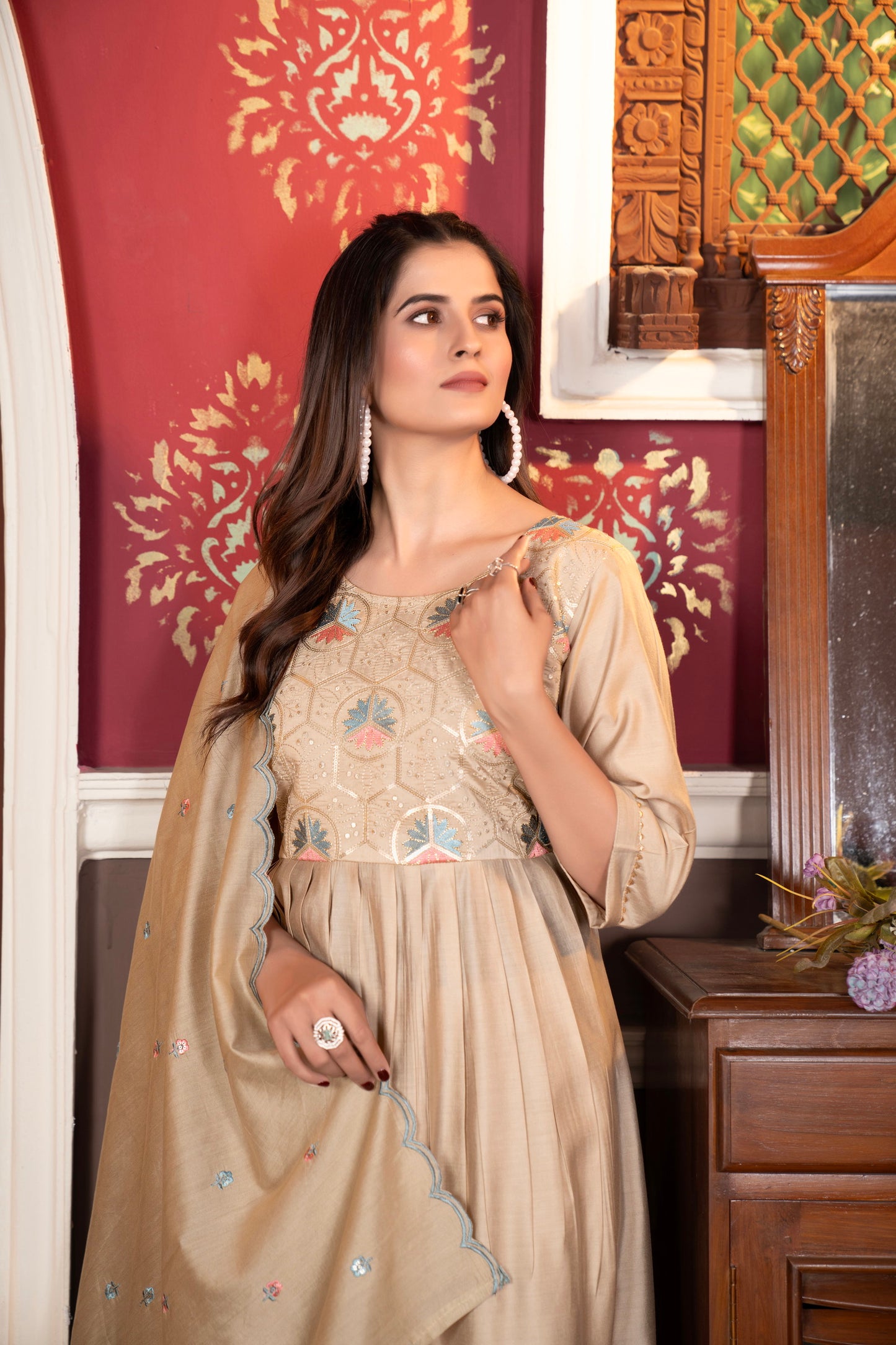 Beige color Flared Kurta With Pant and Dupatta