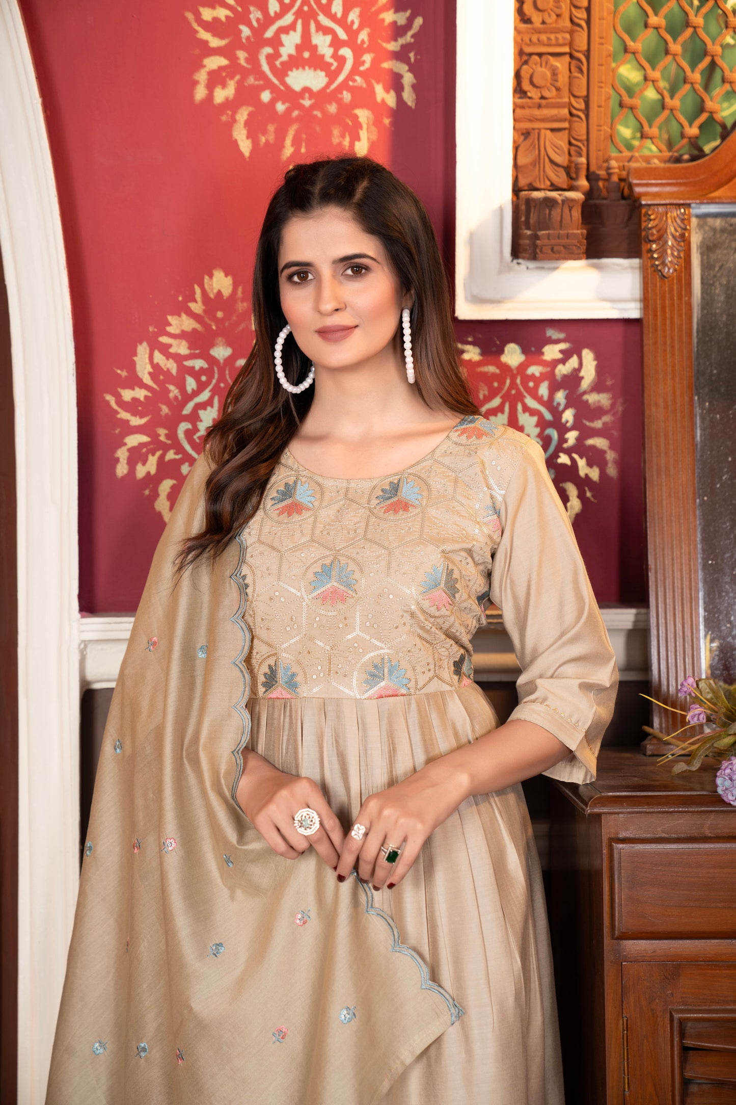 Beige color Flared Kurta With Pant and Dupatta