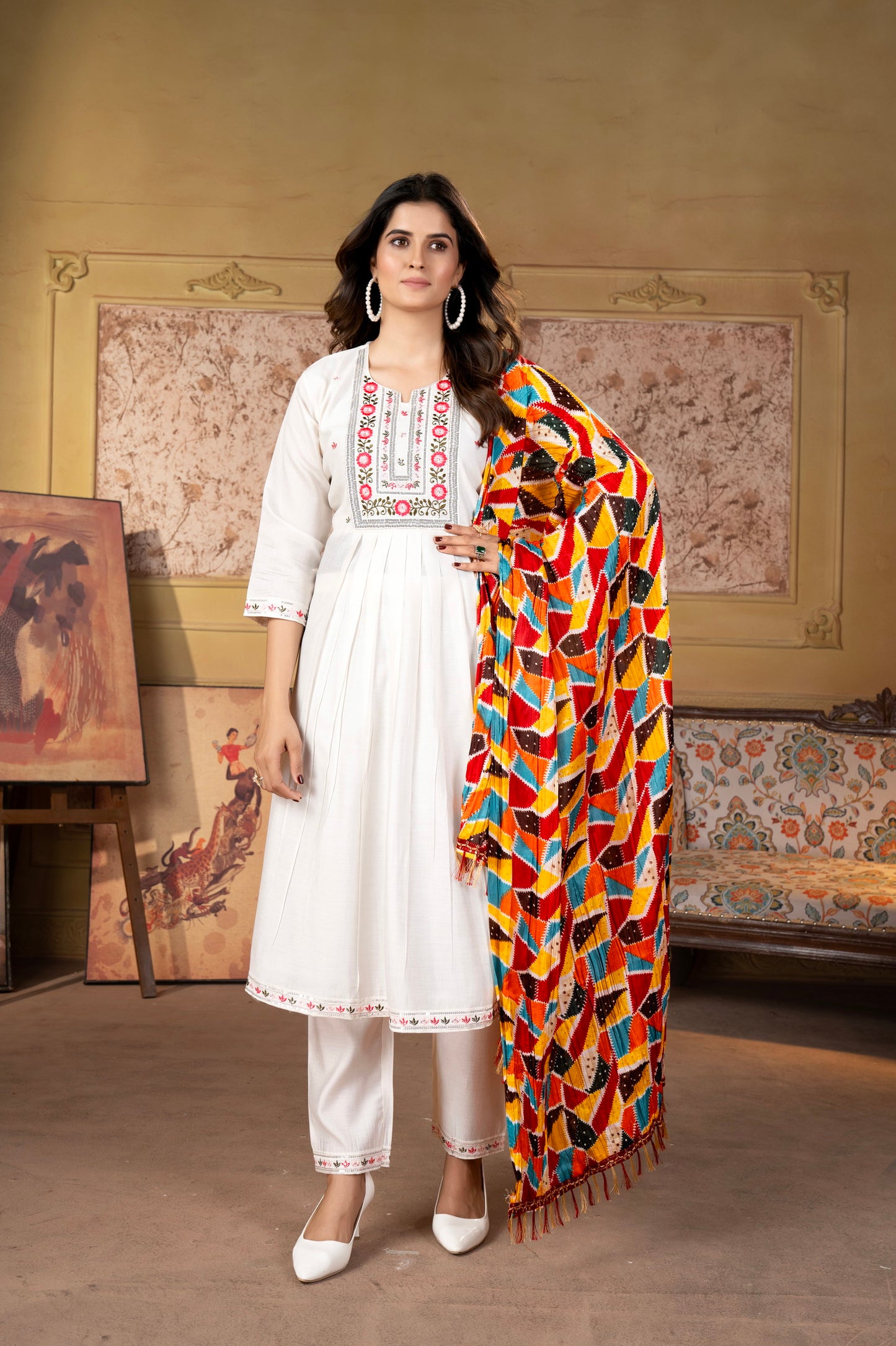 Off-White Chanderi Kurta with Silk Dupatta Set