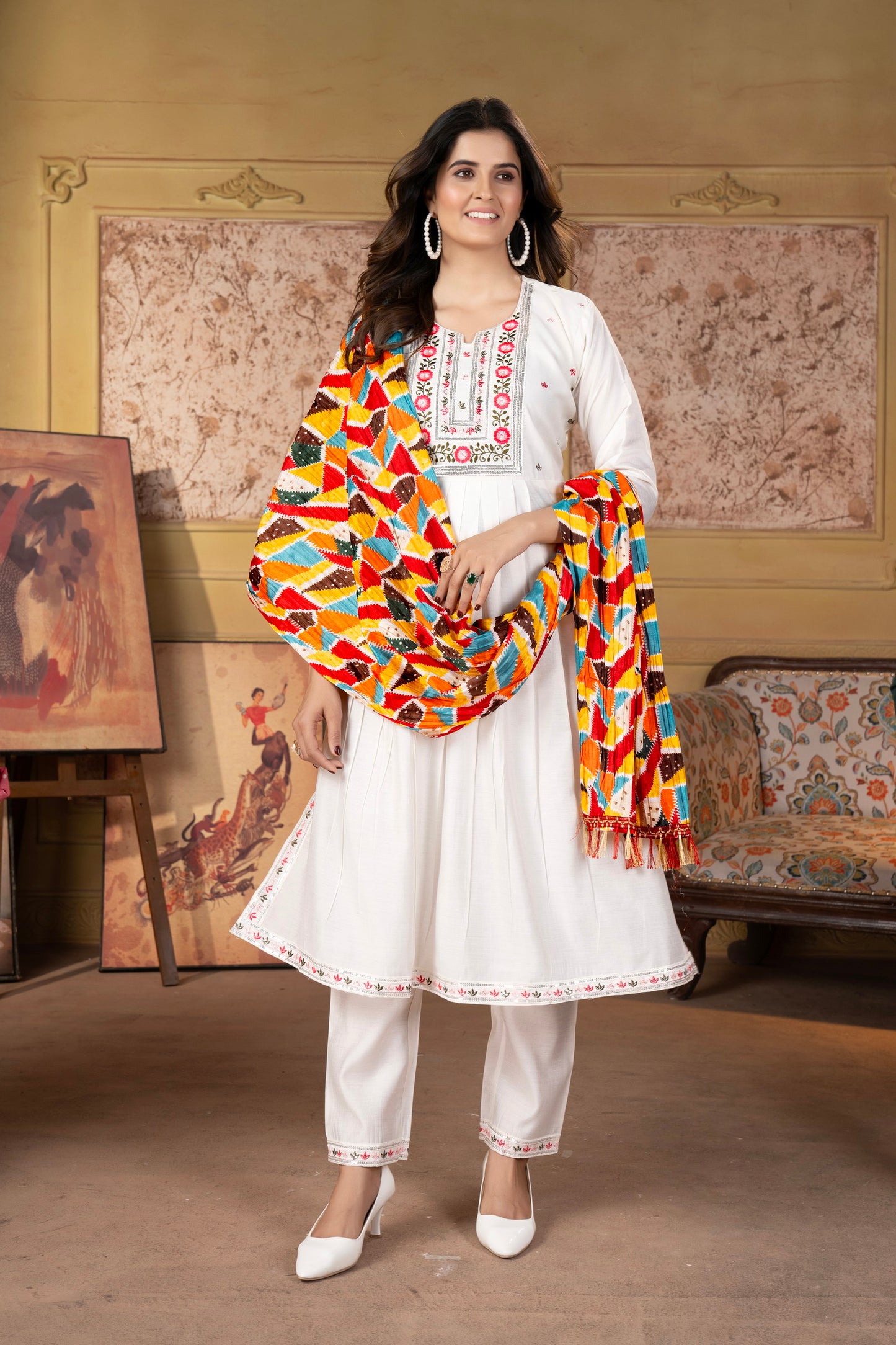 Off-White Chanderi Kurta with Silk Dupatta Set