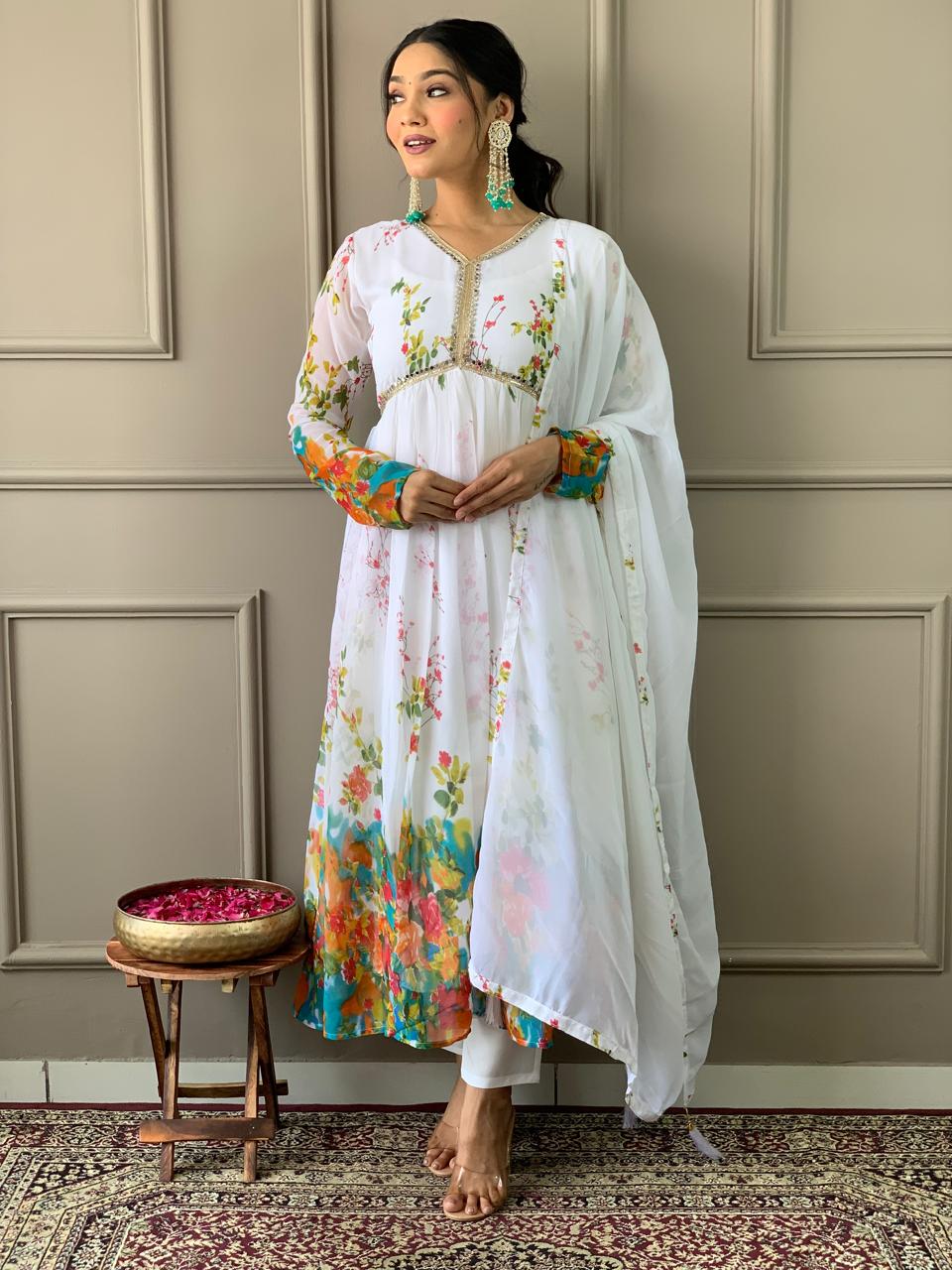 Floral Georgette Kurta set with Pant and Dupatta