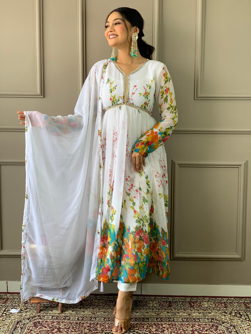 Alia Designe Floral Kurta set with Knee Bottom Pant and Border Dupatta