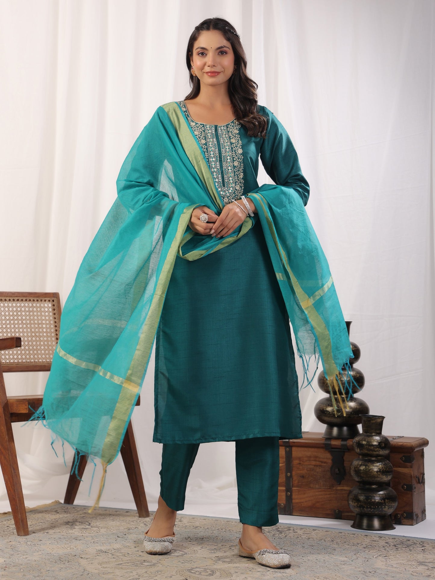 Teal Embroidered Straight Kurta Paired With Bottom and Dupatta